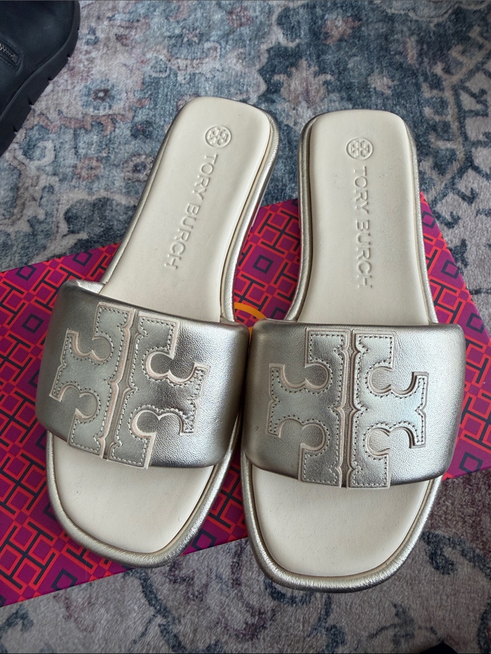 Tory Burch Metallic Champagne Logo Slide Sandals